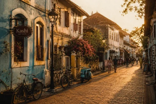 A pastel-colored colonial street in Fort Kochi, Kerala, bathed in golden-hour light with long shadows and a vintage film look