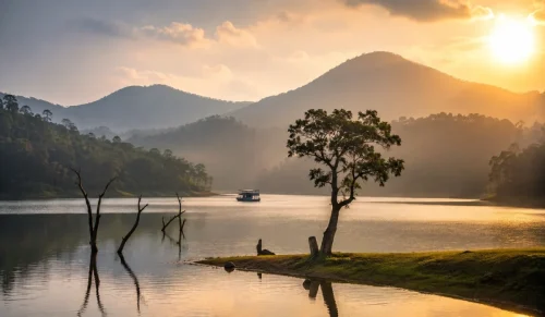 Thekkady lake surrounded by forested hills with a boat and dead trees at sunset