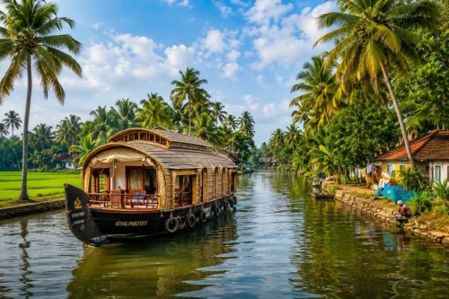 Private Kerala houseboat cruising through peaceful backwaters surrounded by coconut palms and paddy fields