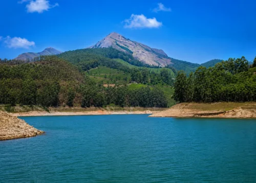 Mattupetty Dam reservoir in Munnar, Kerala, surrounded by lush green hills and the Western Ghats under a bright blue sky.